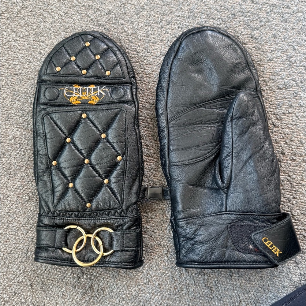 Celtek Black Leather Mittens with Gold Details